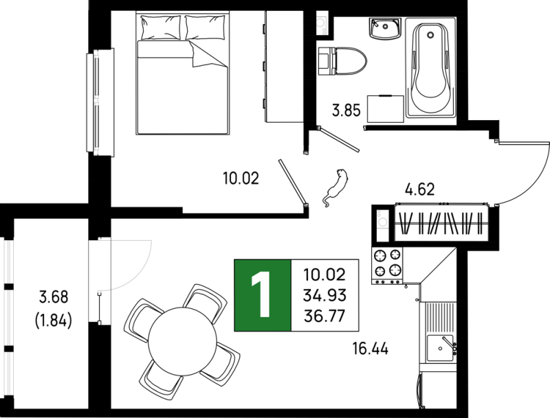2-комнатная (Евро) квартира, 36.77 м² в ЖК "Имена" - планировка, фото №1