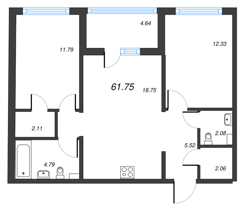 3-комнатная (Евро) квартира, 61.75 м² - планировка, фото №1