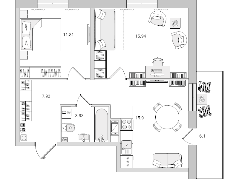 3-комнатная (Евро) квартира, 55.51 м² - планировка, фото №1