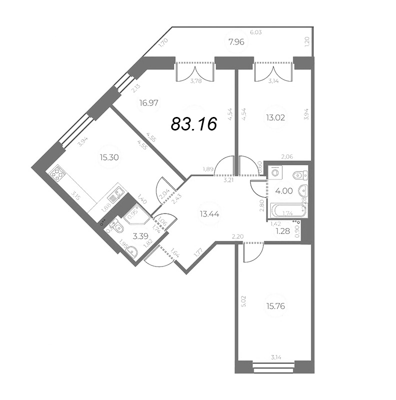 4-комнатная (Евро) квартира, 85.55 м² - планировка, фото №1