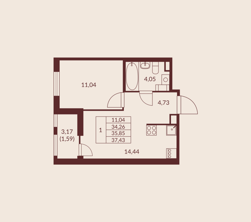1-комнатная квартира, 35.85 м² в ЖК "Амурино" - планировка, фото №1