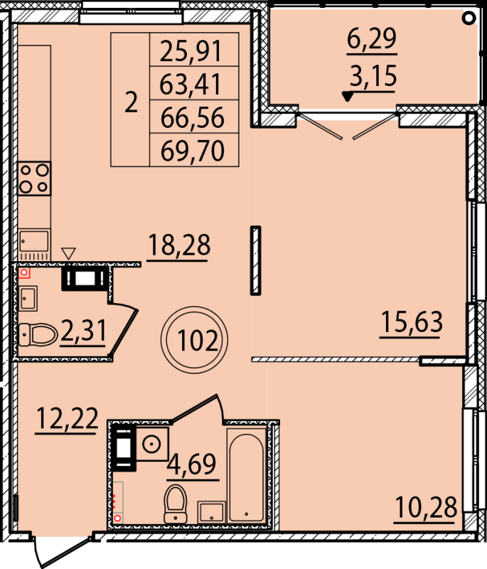 3-комнатная (Евро) квартира, 63.41 м² - планировка, фото №1