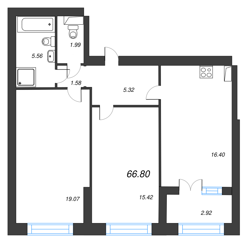 3-комнатная (Евро) квартира, 70.3 м² в ЖК "Наука" - планировка, фото №1