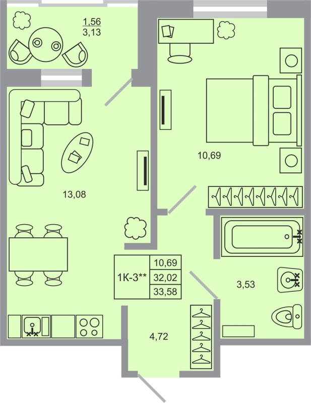 1-комнатная квартира, 33.58 м² в ЖК "Стороны света-2" - планировка, фото №1