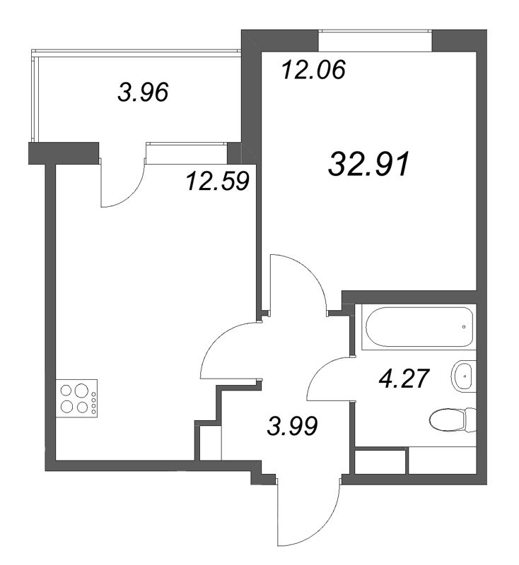 1-комнатная квартира, 32.91 м² в ЖК "ЮгТаун" - планировка, фото №1