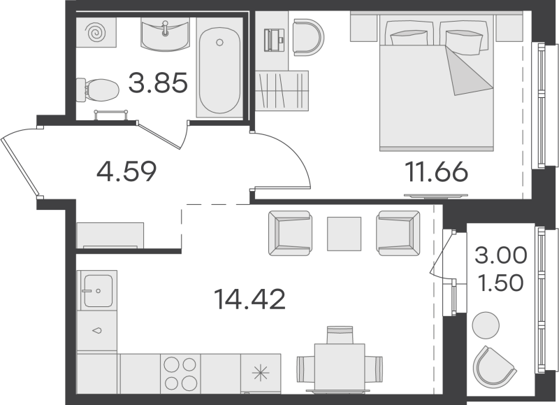 2-комнатная (Евро) квартира, 36.02 м² - планировка, фото №1