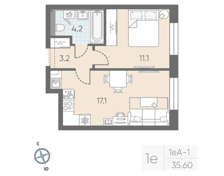 2-комнатная (Евро) квартира, 35.6 м² в ЖК "Большая Охта" - планировка, фото №1
