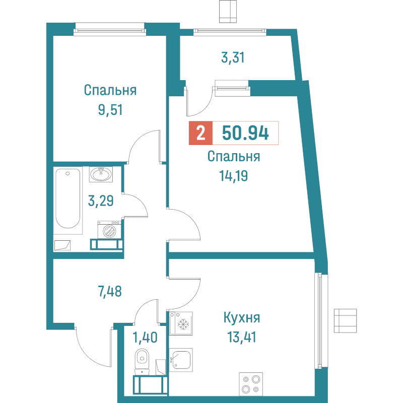 2-комнатная квартира, 50.94 м² - планировка, фото №1