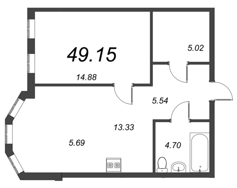 2-комнатная (Евро) квартира, 49.15 м² - планировка, фото №1