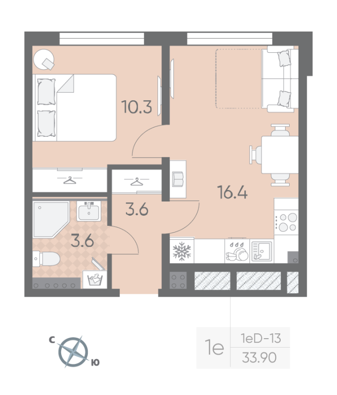 2-комнатная (Евро) квартира, 33.9 м² - планировка, фото №1
