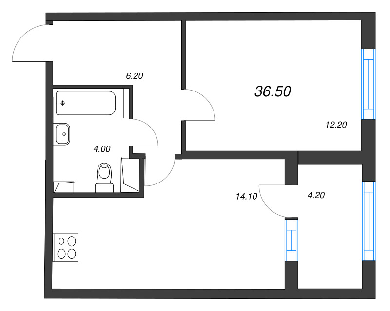 1-комнатная квартира, 36.5 м² в ЖК "ЮгТаун" - планировка, фото №1
