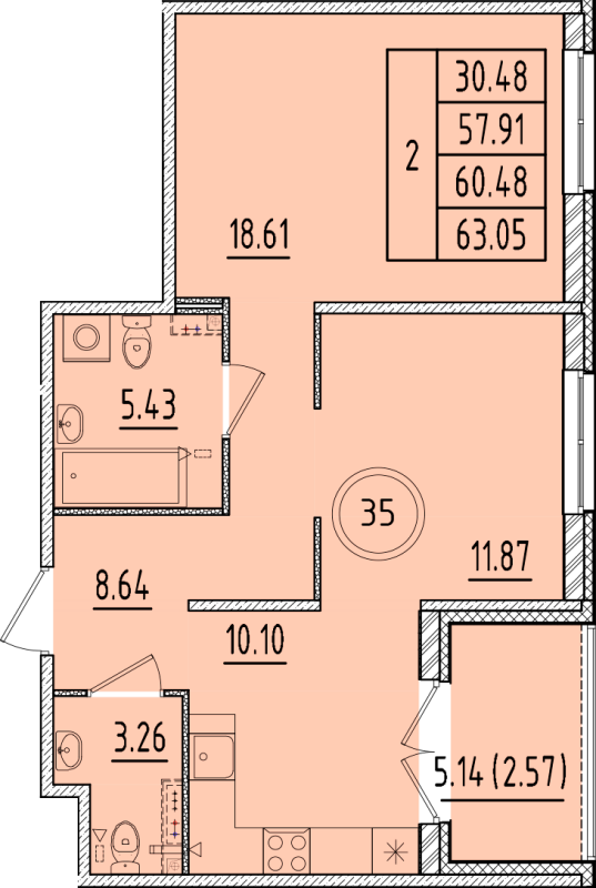 2-комнатная квартира, 57.91 м² - планировка, фото №1