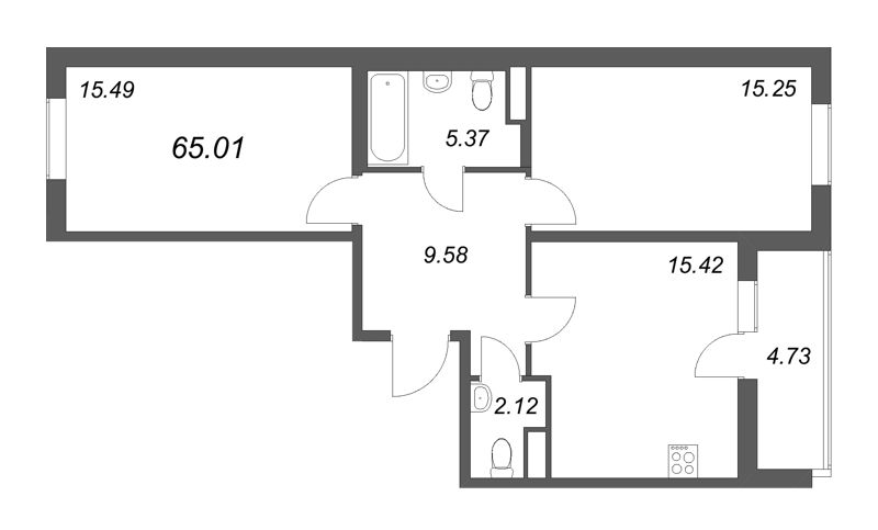 3-комнатная (Евро) квартира, 65.01 м² в ЖК "Новая история" - планировка, фото №1