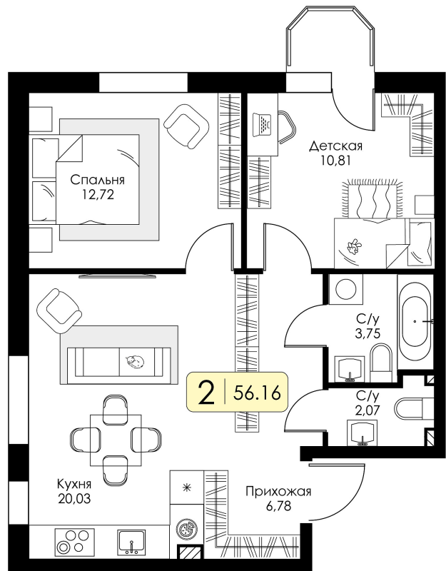 3-комнатная (Евро) квартира, 56.16 м² в ЖК "Всевгород" - планировка, фото №1