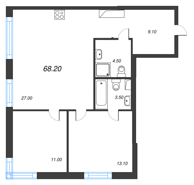 3-комнатная (Евро) квартира, 68.2 м² - планировка, фото №1