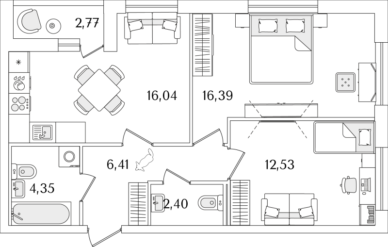 3-комнатная (Евро) квартира, 59.51 м² - планировка, фото №1