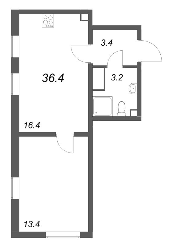 2-комнатная (Евро) квартира, 36.4 м² в ЖК "Октябрьская набережная" - планировка, фото №1