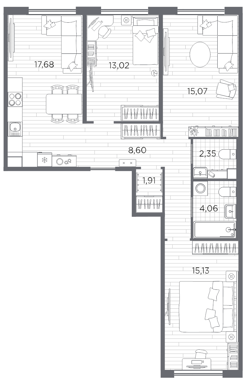 4-комнатная (Евро) квартира, 77.82 м² - планировка, фото №1