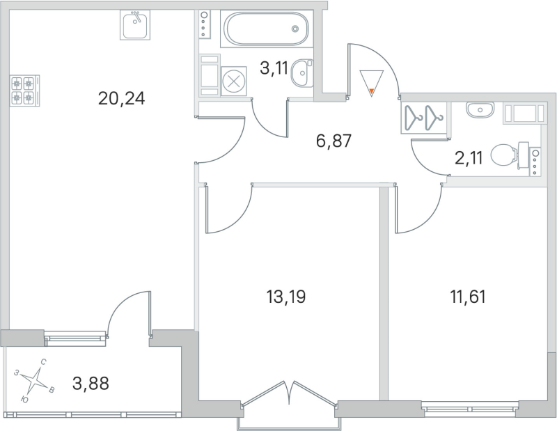 3-комнатная (Евро) квартира, 57.13 м² в ЖК "Любоград" - планировка, фото №1