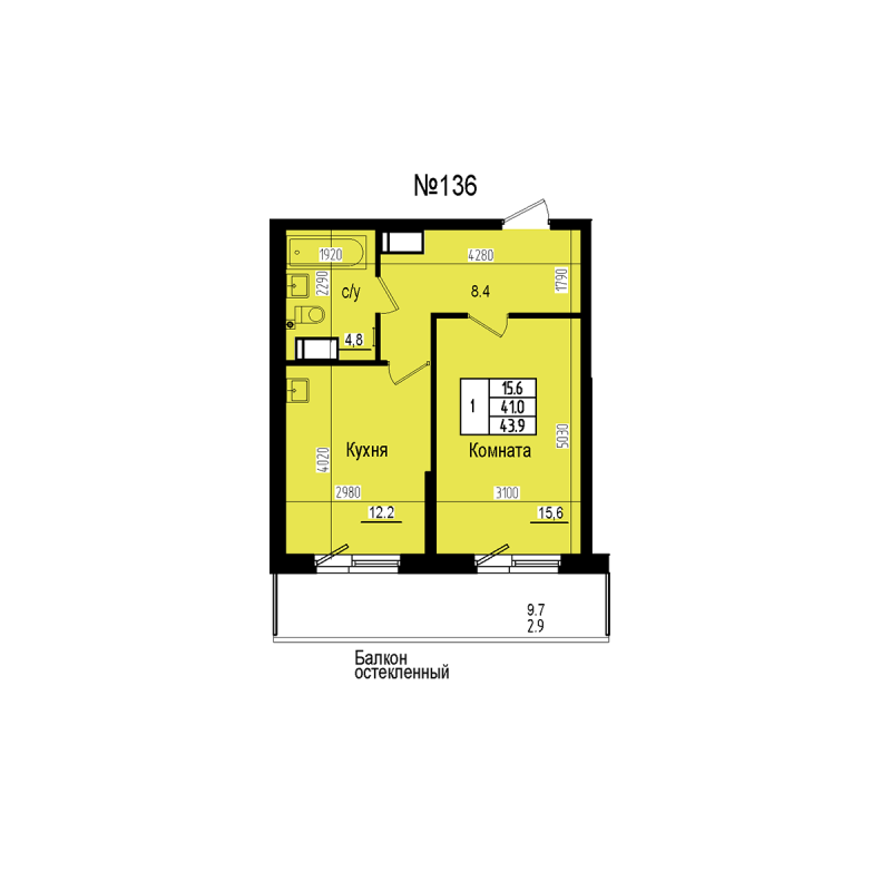 1-комнатная квартира, 43.9 м² в ЖК "ПРАГМА СИТИ" - планировка, фото №1