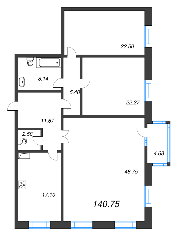 4-комнатная (Евро) квартира, 140.9 м² - планировка, фото №1