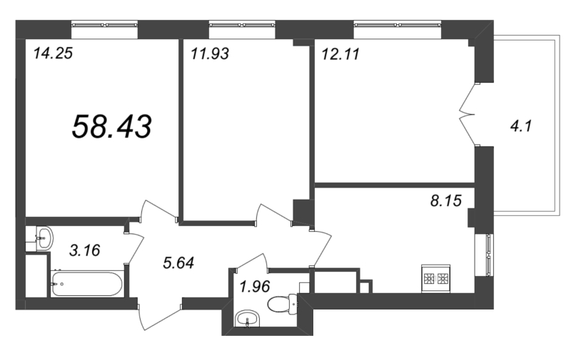 3-комнатная квартира, 58.43 м² - планировка, фото №1