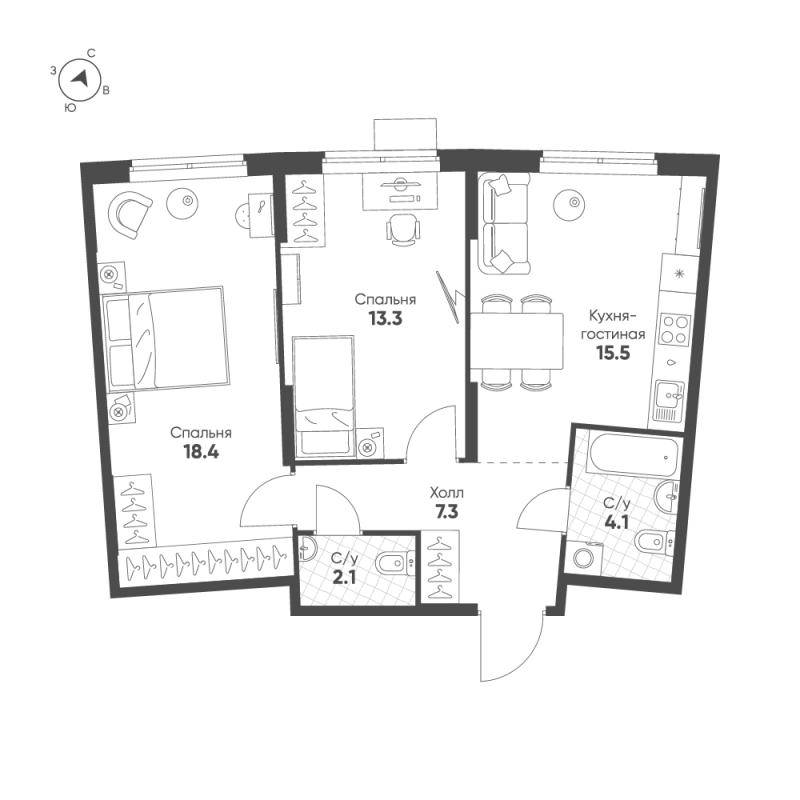 3-комнатная (Евро) квартира, 60.7 м² в ЖК "Ягодное Река Парк" - планировка, фото №1