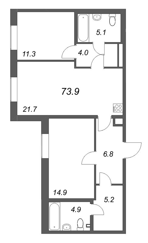 3-комнатная (Евро) квартира, 73.9 м² в ЖК "Коллекционер" - планировка, фото №1