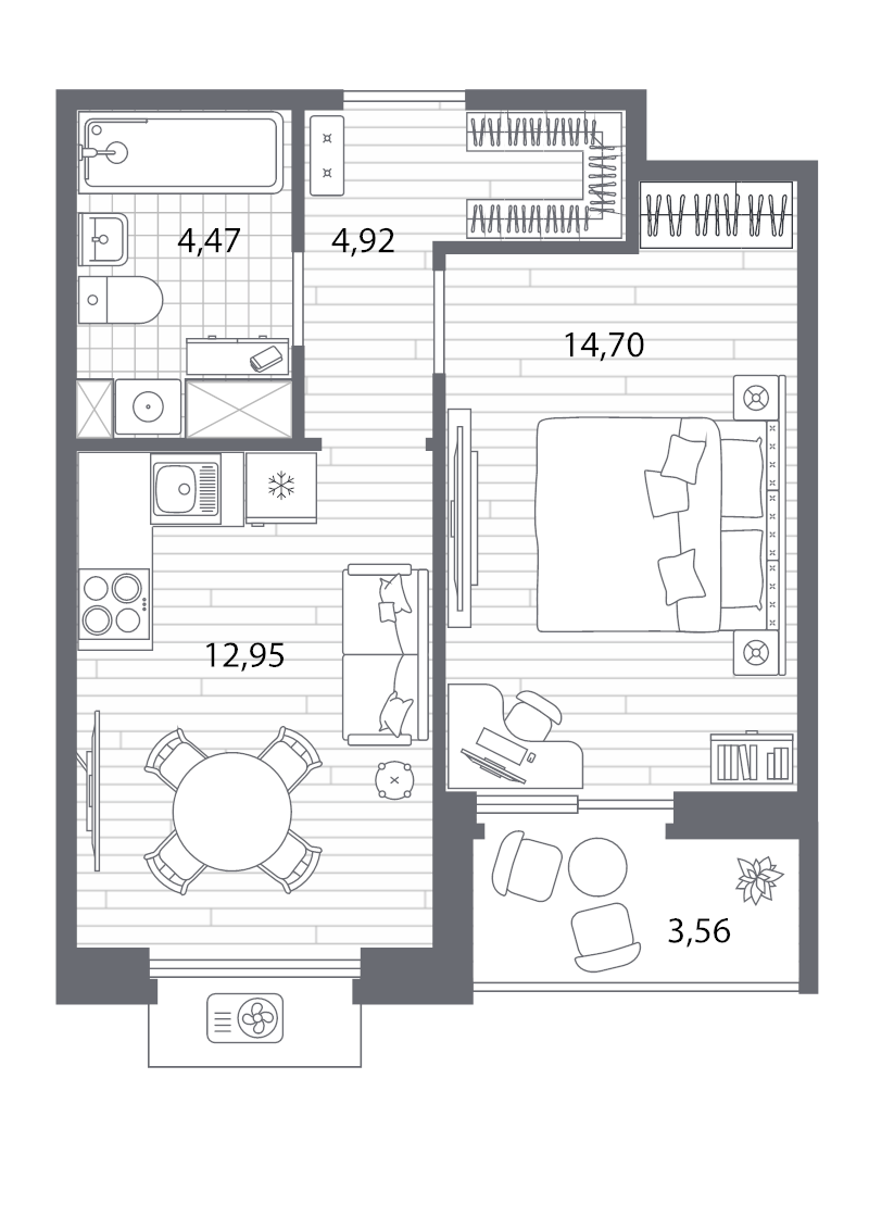 1-комнатная квартира, 38.85 м² - планировка, фото №1