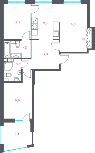 3-комнатная квартира, 67.36 м² в ЖК "Город-спутник Южный" - планировка, фото №1