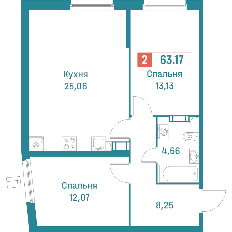 3-комнатная (Евро) квартира, 63.17 м² в ЖК "Графика" - планировка, фото №1