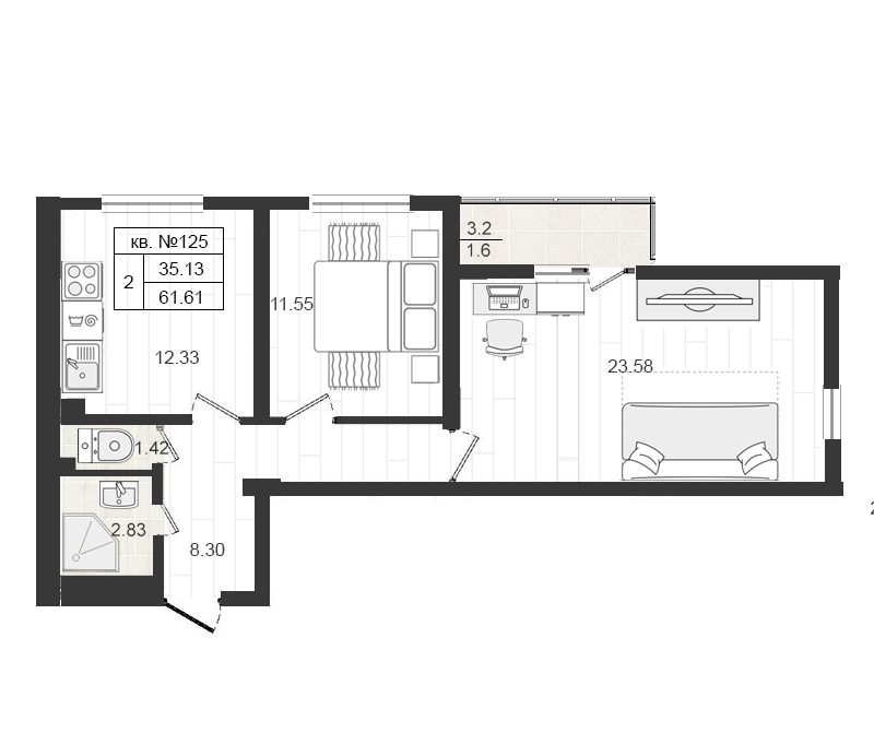 2-комнатная квартира, 61.61 м² в ЖК "Верево-сити" - планировка, фото №1