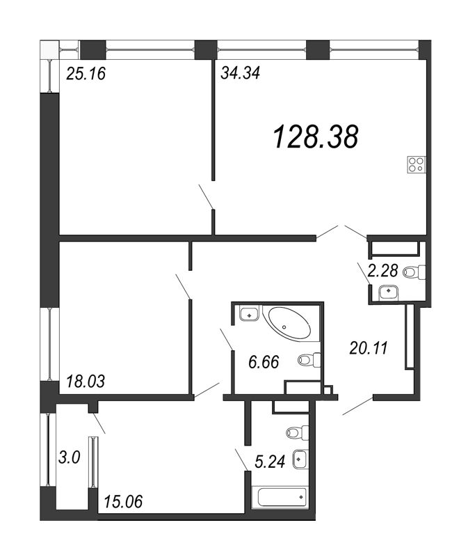 4-комнатная (Евро) квартира, 128.38 м² - планировка, фото №1