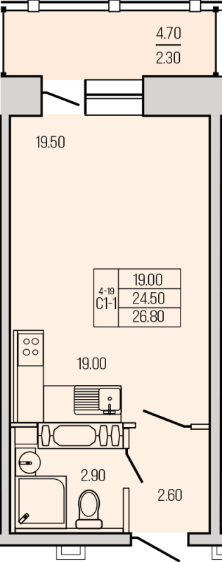 Квартира-студия, 26.8 м² в ЖК "Экос" - планировка, фото №1