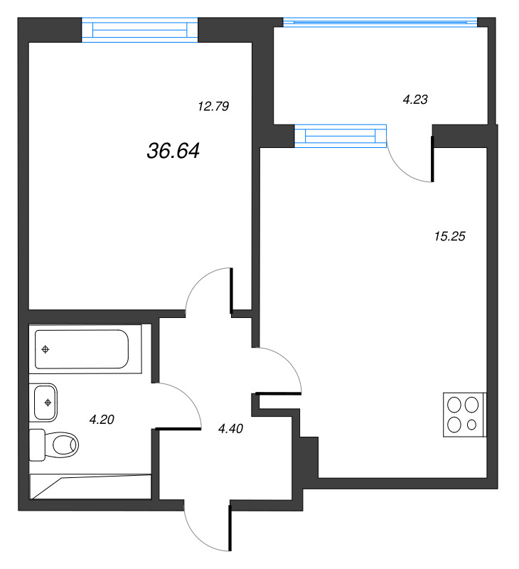 2-комнатная (Евро) квартира, 36.64 м² в ЖК "ЮгТаун" - планировка, фото №1