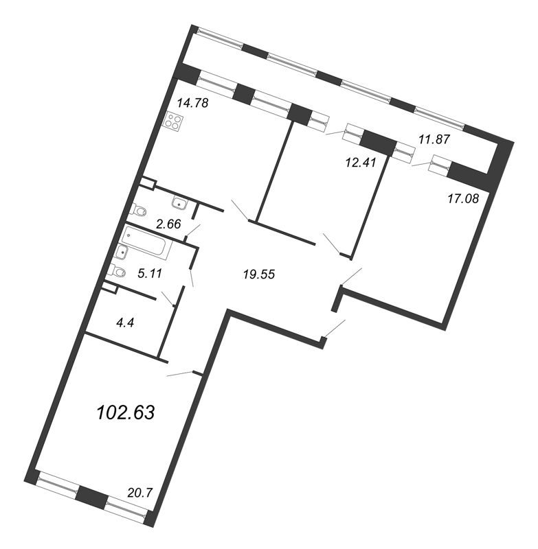 3-комнатная квартира, 102.63 м² в ЖК "Ariosto" - планировка, фото №1