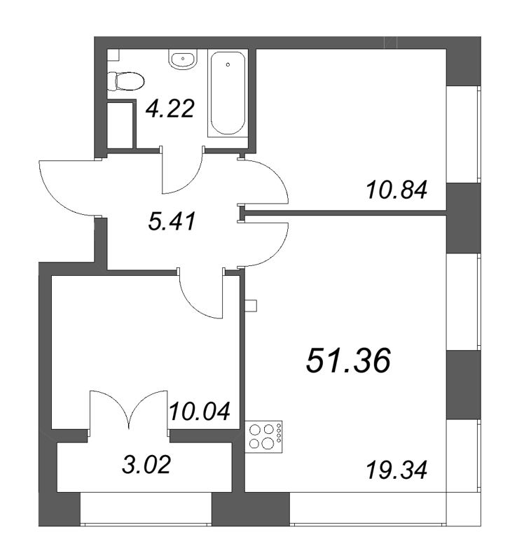 3-комнатная (Евро) квартира, 51.36 м² в ЖК "NewПитер 2.0" - планировка, фото №1
