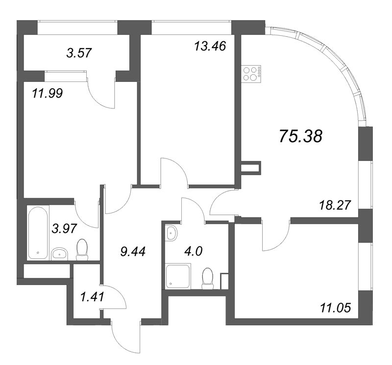 4-комнатная (Евро) квартира, 75.38 м² в ЖК "Аурум" - планировка, фото №1