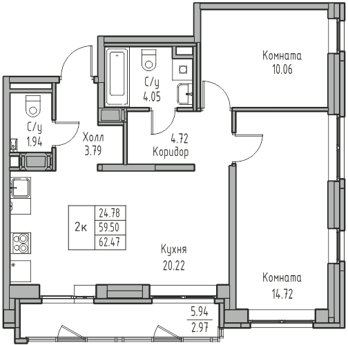 3-комнатная (Евро) квартира, 62.47 м² в ЖК "Юнтолово" - планировка, фото №1