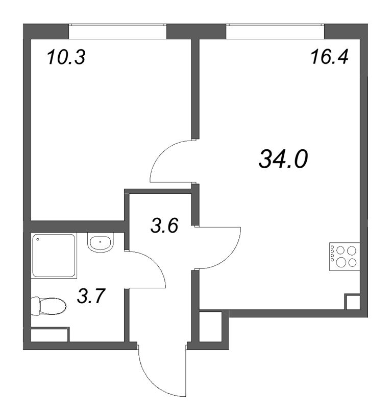 2-комнатная (Евро) квартира, 34 м² в ЖК "Пулково Lake" - планировка, фото №1