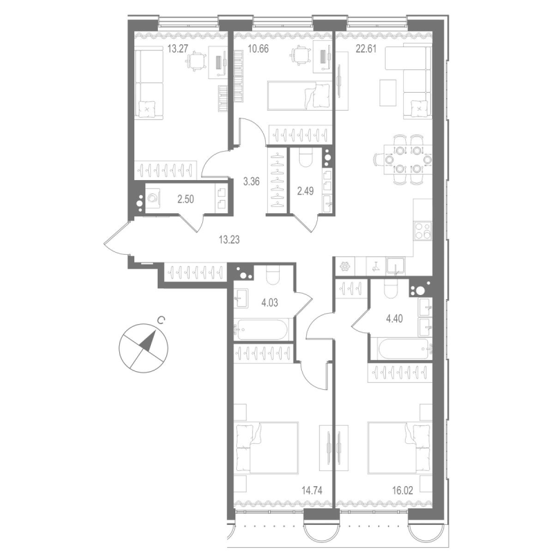 5-комнатная (Евро) квартира, 107.31 м² в ЖК "Остров Первых" - планировка, фото №1