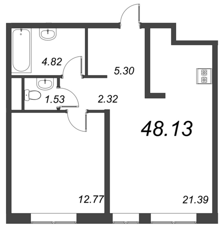 2-комнатная (Евро) квартира, 49.6 м² в ЖК "Малоохтинский, 68" - планировка, фото №1