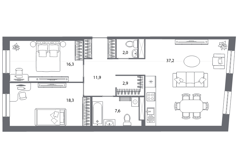 3-комнатная (Евро) квартира, 96.2 м² - планировка, фото №1