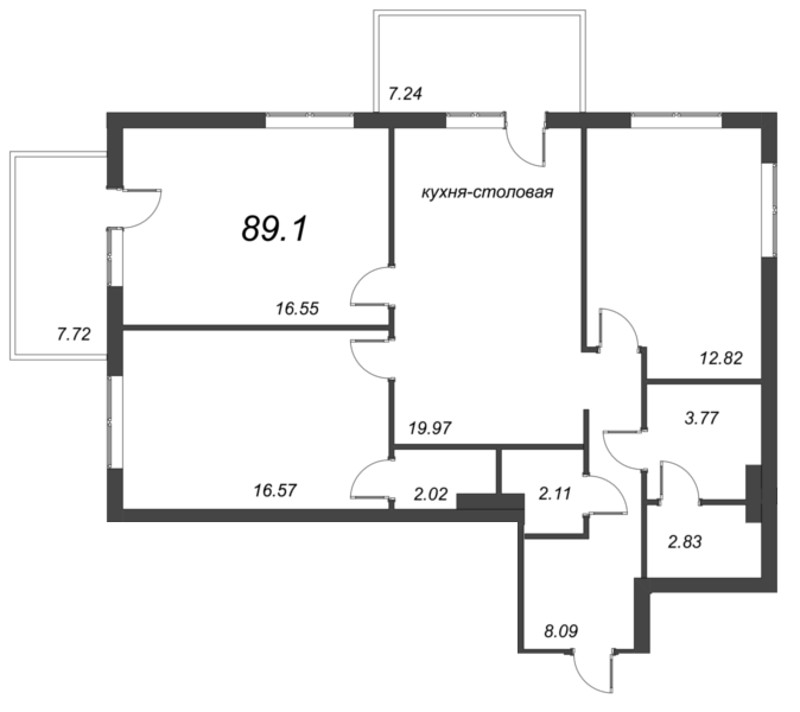 4-комнатная (Евро) квартира, 89.8 м² в ЖК "Grona Lund" - планировка, фото №1