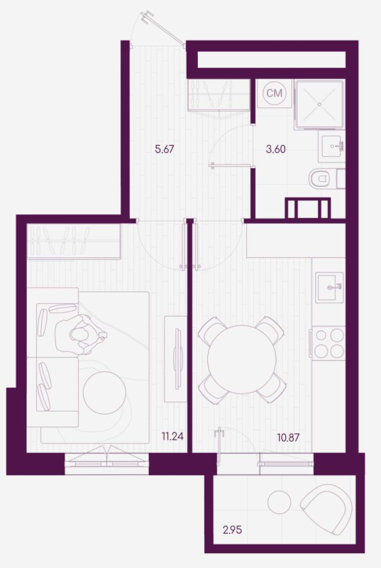 1-комнатная квартира, 32.27 м² - планировка, фото №1