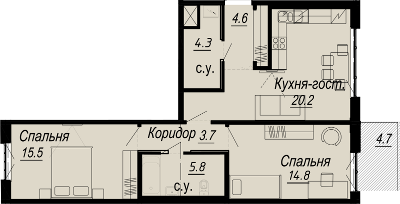 3-комнатная (Евро) квартира, 70.2 м² - планировка, фото №1