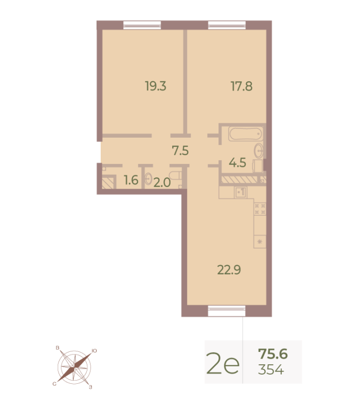 3-комнатная (Евро) квартира, 75.1 м² в ЖК "Neva Haus" - планировка, фото №1