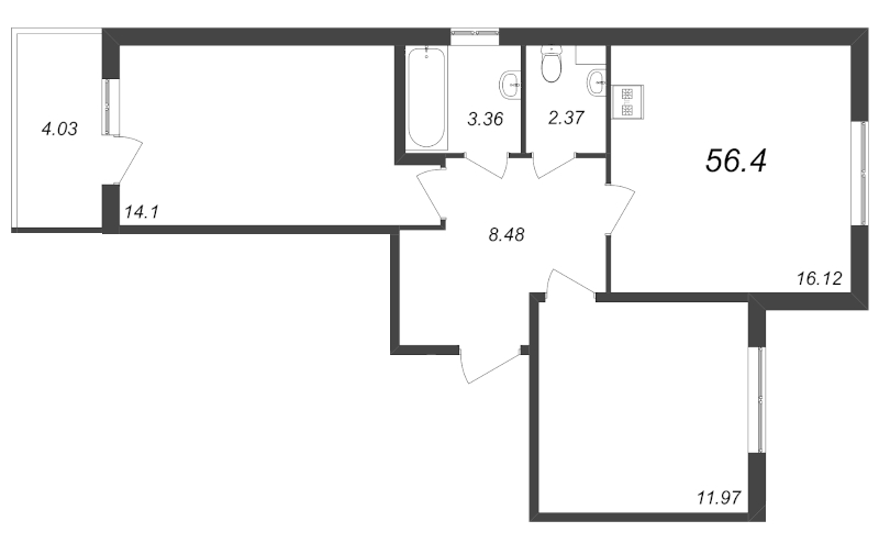 3-комнатная (Евро) квартира, 56.4 м² - планировка, фото №1