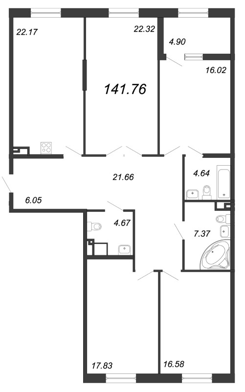 4-комнатная квартира, 143.5 м² - планировка, фото №1