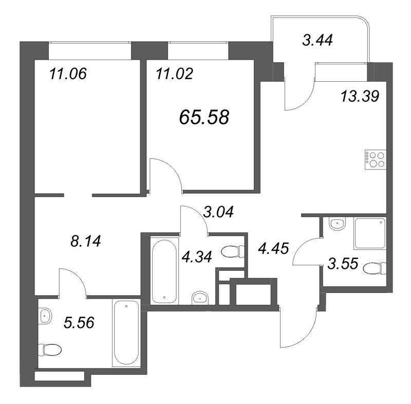 2-комнатная квартира, 65.58 м² в ЖК "Avant" - планировка, фото №1